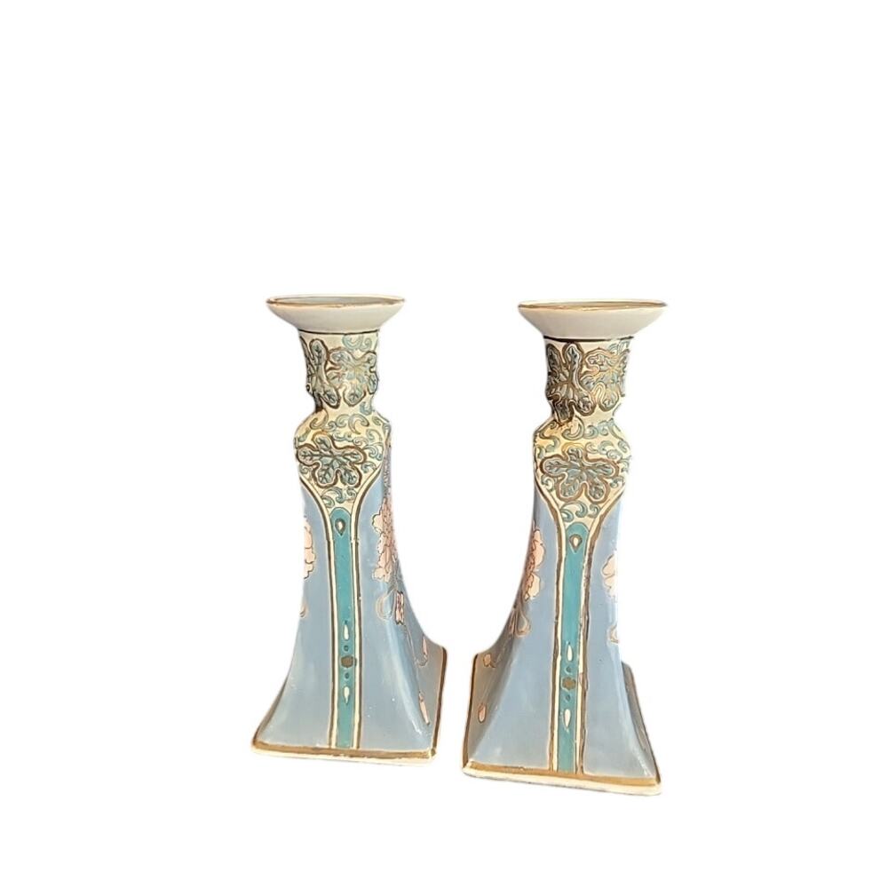 VTG Pair Candlestick Holders Chinese Hand Painted Blue Pink Floral Porcelain 8"